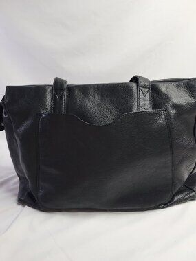 Black Pebbled Leather Tote Bag Front Pocket, Zip Top, Everyday Work Purse